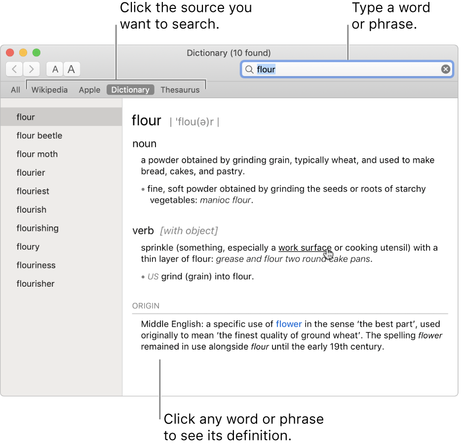 The full Dictionary window showing a definition. Click any word or phrase in the definition to see its definition. To select a source to search, click its name in the source bar, located under the toolbar. Type a word or phrase into the search field.