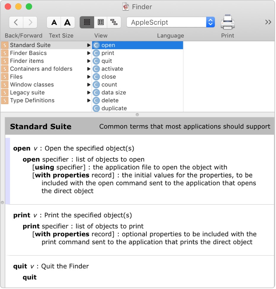 The AppleScript dictionary for the Finder.