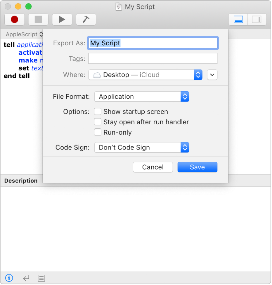 The Export dialog showing the File Format pop-up menu with Script selected and the options you can set when saving your script.