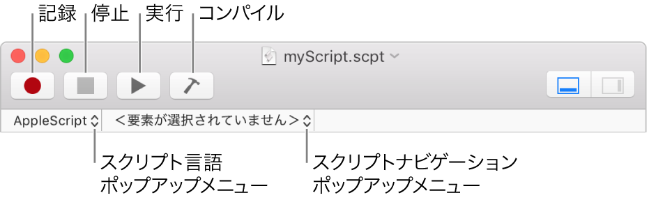 「スクリプトエディタ」のツールバー。記録、中止、実行、コンパイル、スクリプト言語、およびスクリプトナビゲーションのコントロールが表示されています。