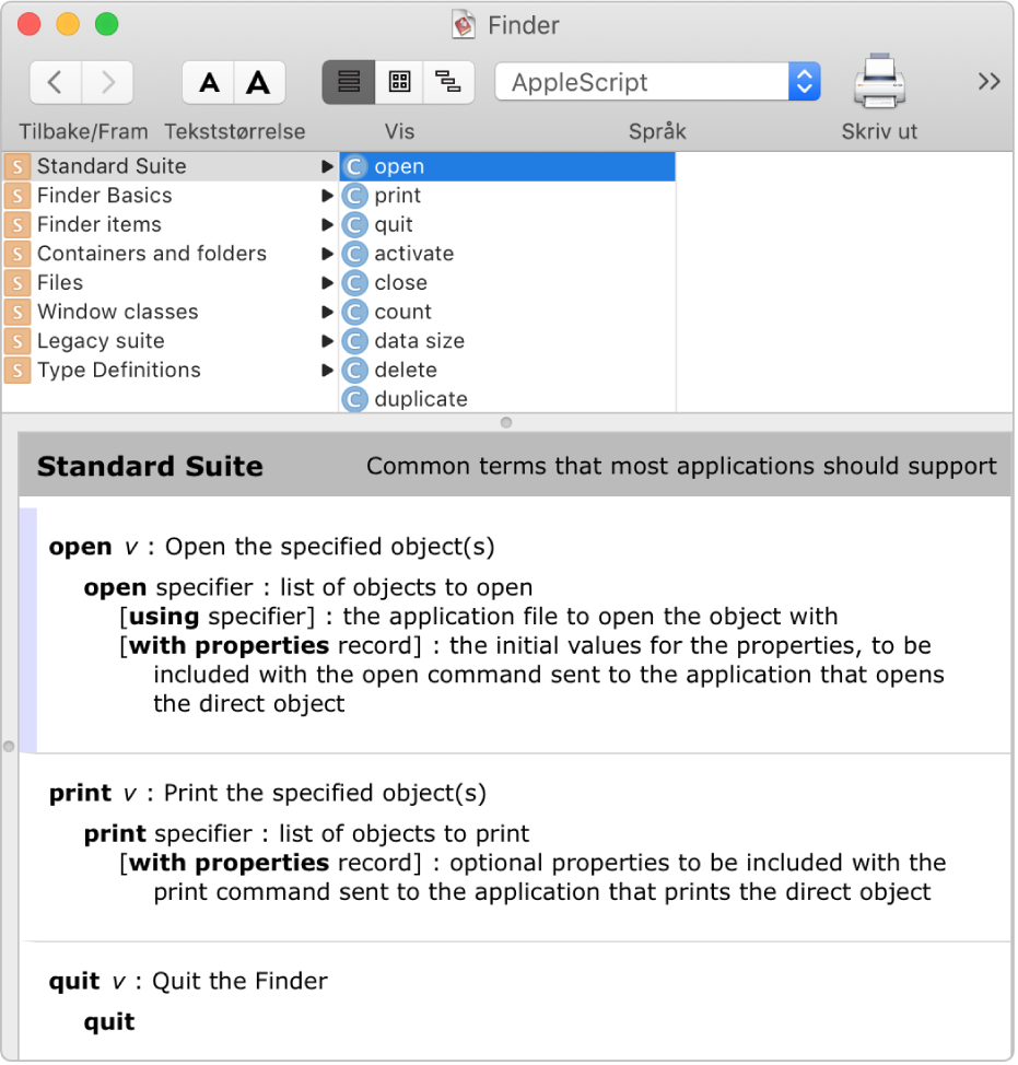 AppleScript-ordlisten for Finder.