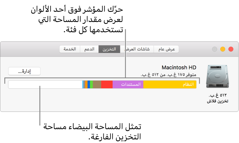 حرِّك المؤشر فوق أي لون لعرض مقدار مساحة التخزين التي تستخدمها كل فئة. تمثل المساحة البيضاء مقدار مساحة التخزين الفارغة.