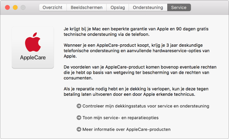 Het paneel 'Service' in Systeeminformatie, met de serviceopties van AppleCare.