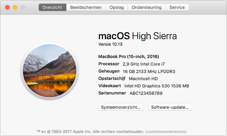 In het overzichtsvenster in Systeeminformatie vind je de belangrijkste hardware- en softwarespecificaties en het serienummer van je Mac.