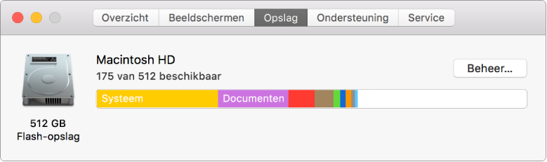 Het paneel 'Opslag' in Systeeminformatie, met een grafische weergave van de opslagruimte.