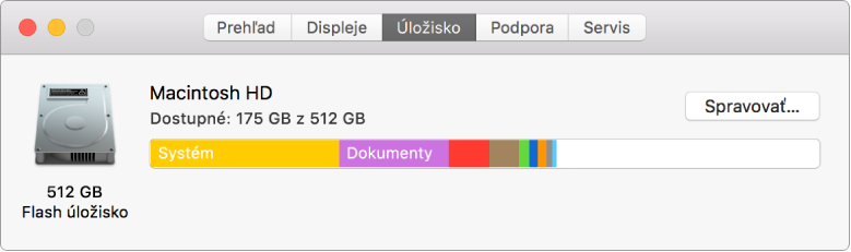Panel Úložisko v aplikácii Informácie o systéme zobrazujúci grafickú podobu vášho úložiska.