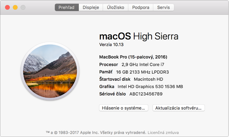 Panel Prehľad v aplikácii Informácie o systéme zobrazujúci základné hardvérové a softvérové špecifikácie a sériové číslo vášho Macu.