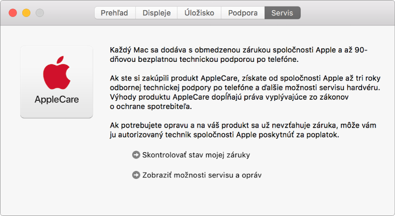 Panel Služba v aplikácii Informácie o systéme zobrazujúci možnosti služby AppleCare.