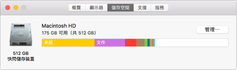 「系統資訊」中的「儲存空間」面板以圖形表示儲存空間。