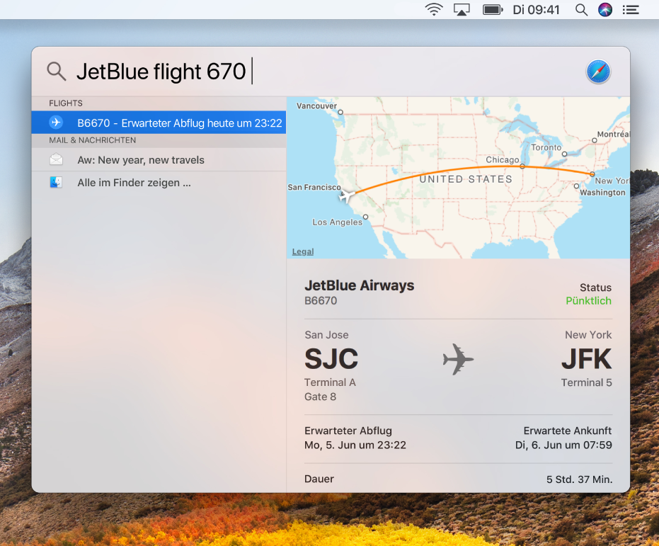 Das Spotlight-Fenster mit den Ergebnisse zum Flugstatus