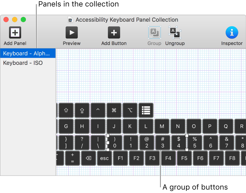 A portion of a panel collection window showing a list of keyboard panels on the left and, on the right, buttons and groups contained in a panel.