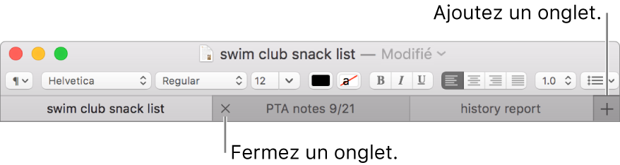 Une fenêtre TextEdit avec trois onglets dans la barre d’onglets, située sous la barre de mise en forme. Un onglet affiche le bouton de fermeture. Le bouton Ajouter se trouve à l’extrémité droite de la barre d’onglets.