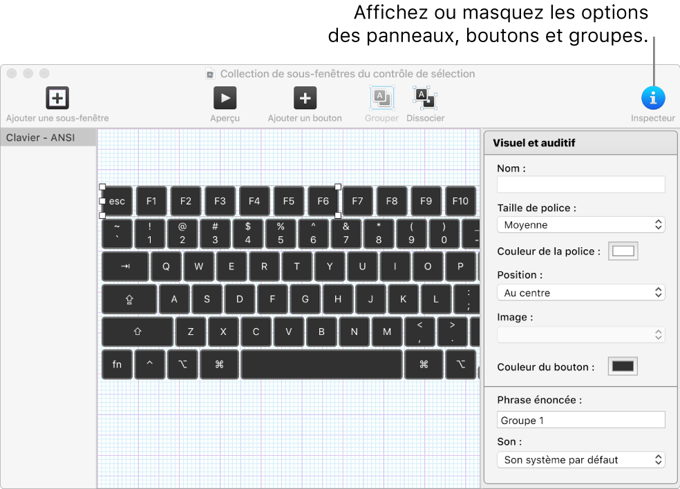 Une fenêtre de collection de sous-fenêtres présentant le bouton Inspecteur à l’extrémité droite de la barre d’outils pour définir des options pour les sous-fenêtres, les boutons et les groupes.