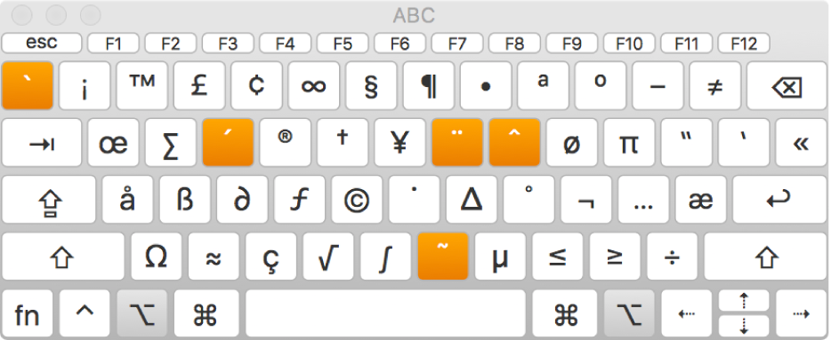 Le visualiseur de clavier présentant la disposition ABC et cinq touches mortes mises en surbrillance.