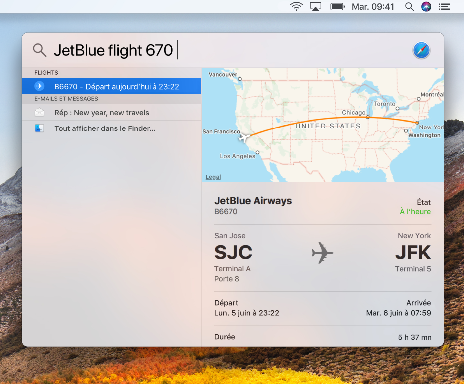 La fenêtre Spotlight affichant les résultats des états des vols.