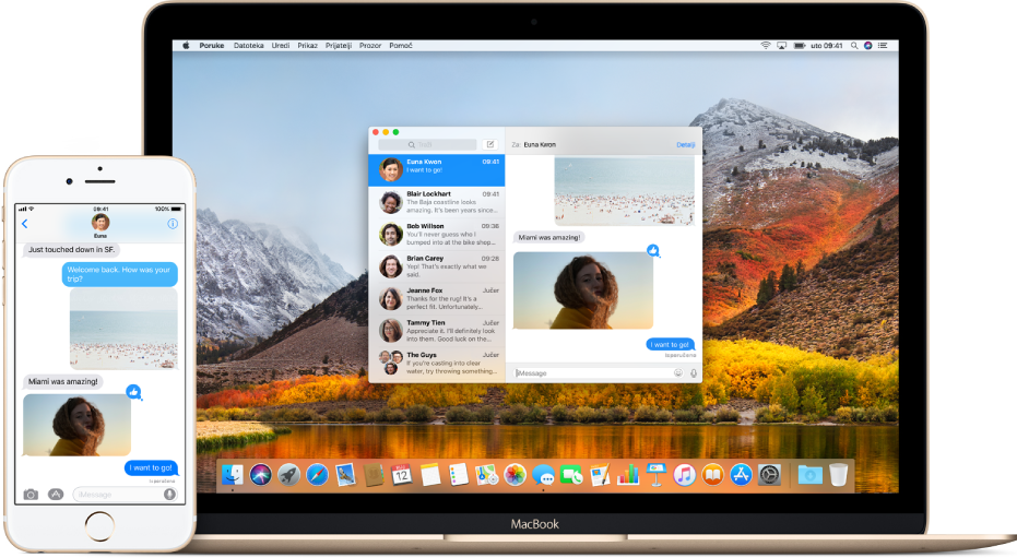 Aplikacija Poruke s prikazom istog razgovora i na Macu i na iPhoneu.