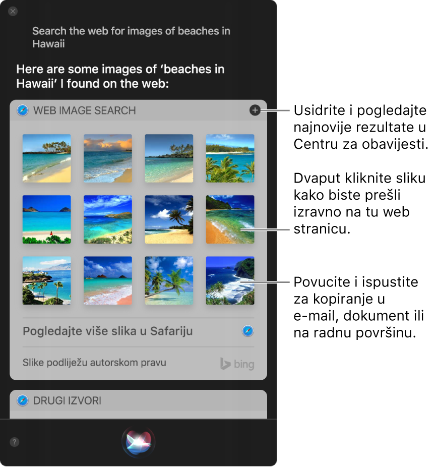 Prozor Siri s prikazom rezultata od Siri na zahtjev “Search the web for images of beaches in Hawaii”. Možete pričvrstiti rezultate pribadačom u Centru za obavijesti, dvaput kliknuti na sliku za otvaranje web stranice koja sadrži sliku ili povući sliku u e-mail ili dokument ili na radnu površinu.