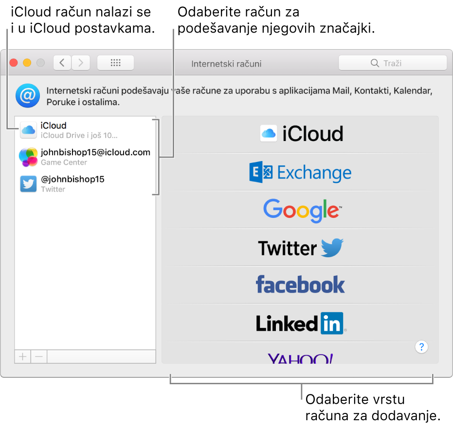 Postavke internetskih računa u kojem su iCloud i Twitter računi navedeni s desne strane, a dostupne vrste računa s lijeve strane.