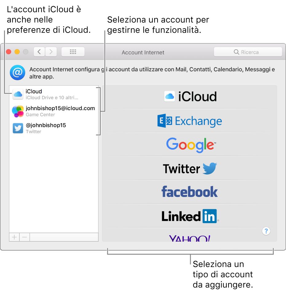 Preferenze Account Internet con gli account iCloud e Twitter elencati sulla destra e i tipi di account disponibili elencati sulla sinistra.
