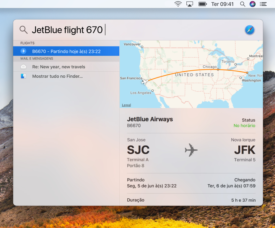 Janela do Spotlight exibindo informações de voos.