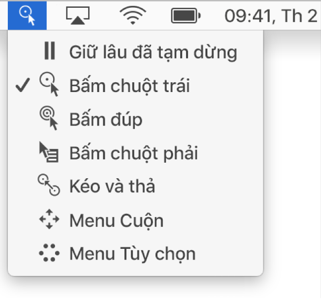 Menu trạng thái của Điều khiển có các mục menu bao gồm, từ trên xuống dưới, Giữ lâu đã tạm dừng, Bấm chuột trái, Bấm hai lần, Bấm chuột phải, Kéo và thả, Menu Cuộn và Menu Tùy chọn.