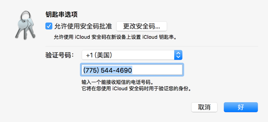 带有选择可允许使用安全码批准的选项、用于更改安全码的按钮以及用于更改验证号码的栏的“iCloud 钥匙串选项”对话框。