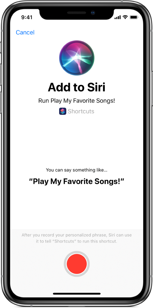 شاشة "إضافة إلى Siri" وعليها زر التسجيل.