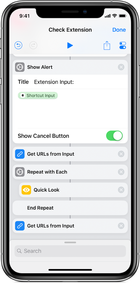 Show alert action in the shortcut editor.