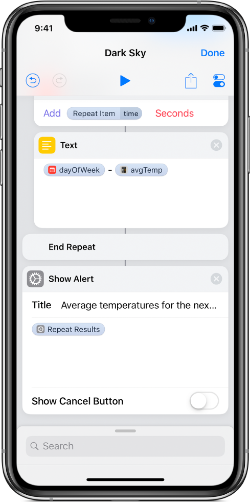 Show Alert action with a Repeat Results variable in the body of the alert message.