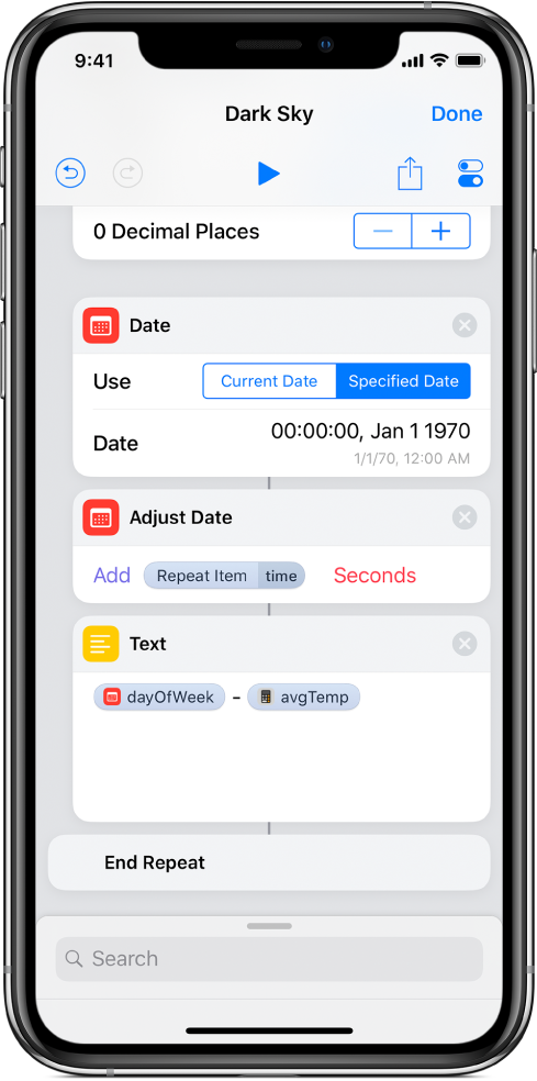 Date action, Adjust Date action and Text action in the shortcut editor, with variables applied.