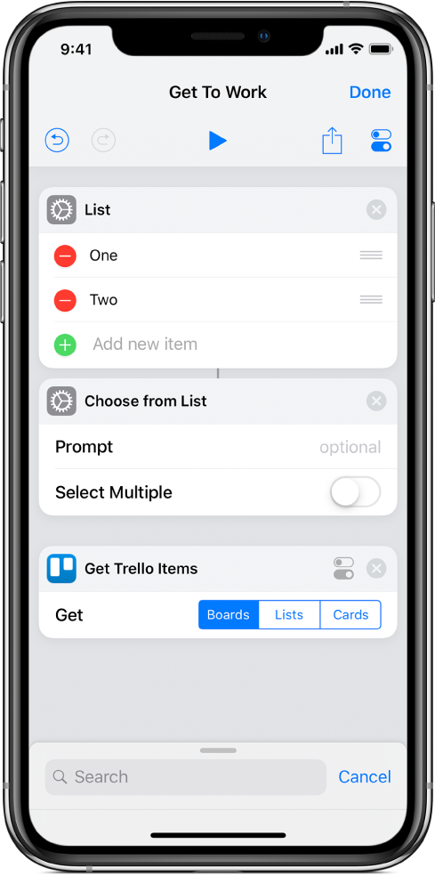 Shortcut containing Get Trello Items action.