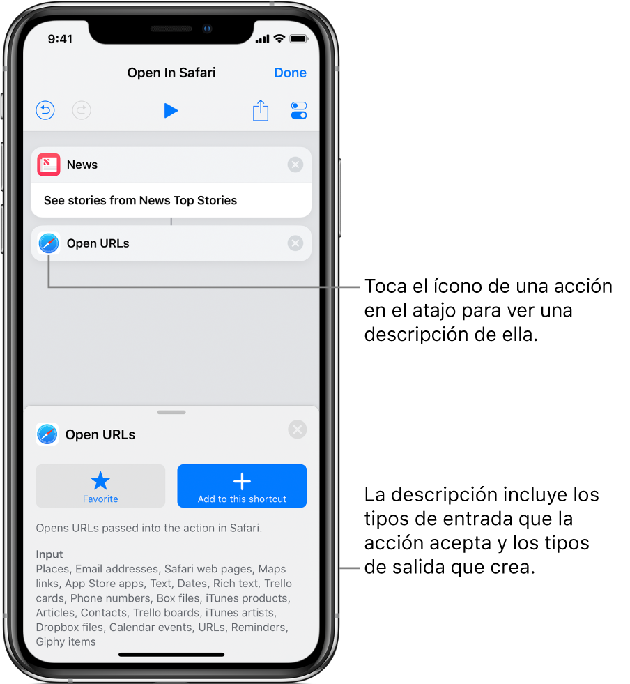 El editor de atajos mostrando una descripción de la acción "Abrir direcciones URL"