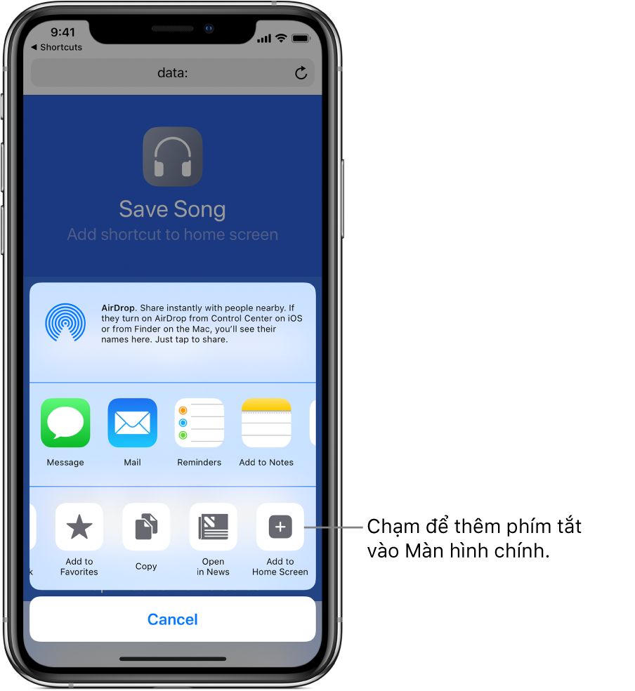 Nút Thêm vào Màn hình chính được hiển thị trong Safari.