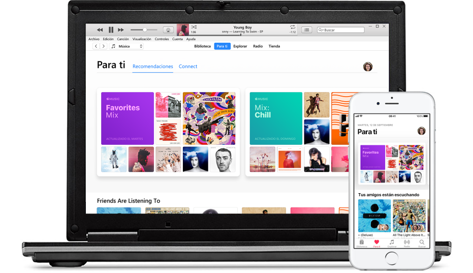 Una PC y un iPhone con "Para ti" de Apple Music.