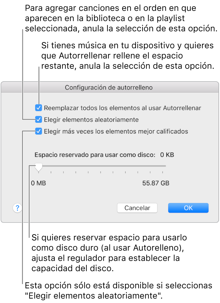 El cuadro de diálogo "Configuración de autorrelleno" mostrando cuatro opciones de arriba a abajo. Si tienes música en tu dispositivo y quieres autorrellenar el espacio restante, anula la selección de "Reemplazar todos los elementos al usar Autorrelleno". Para agregar canciones en el orden en el que aparecen en tu biblioteca o en la playlist seleccionada, anula la selección de "Elegir elementos aleatoriamente". La siguiente opción, "Elegir más veces los elementos mejor calificados" está disponible sólo cuando seleccionas "Elegir elementos aleatoriamente". Si quieres reservar espacio para usar como disco duro, ajusta el regulador para establecer la capacidad del disco.