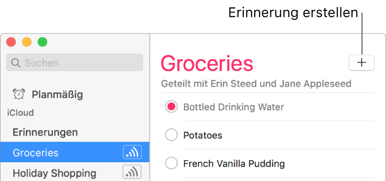 Klicke rechts im Fenster „Erinnerungen“ auf die Taste „Erstellen“, um eine Erinnerung zu erstellen.