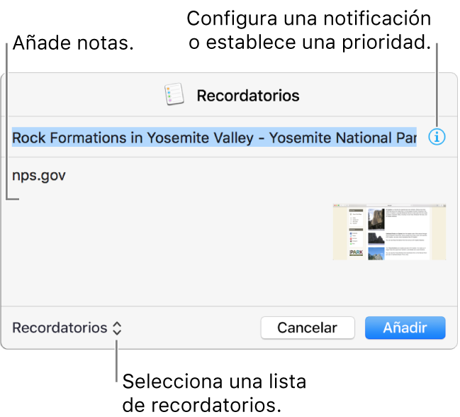 Cuadro de diálogo de detalles de un recordatorio añadido desde Safari.