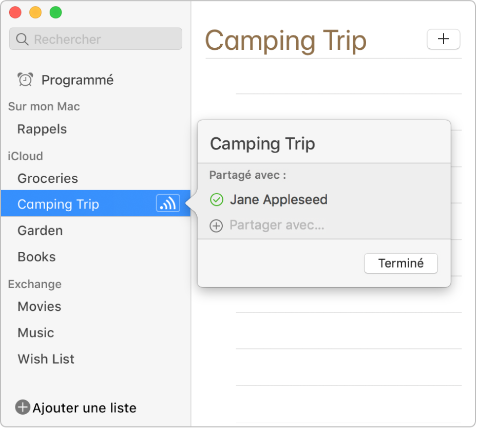 Fenêtre d’informations d’une liste de rappels, indiquant que cette dernière est partagée avec une personne.