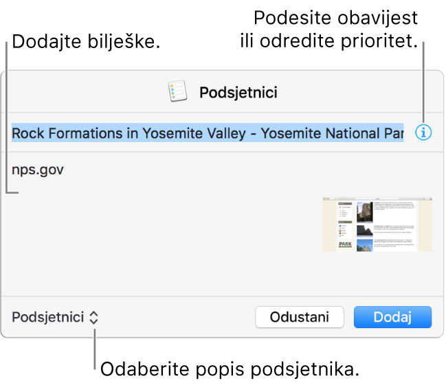 Prozor Detalji za podsjetnik dodan iz Safarija.