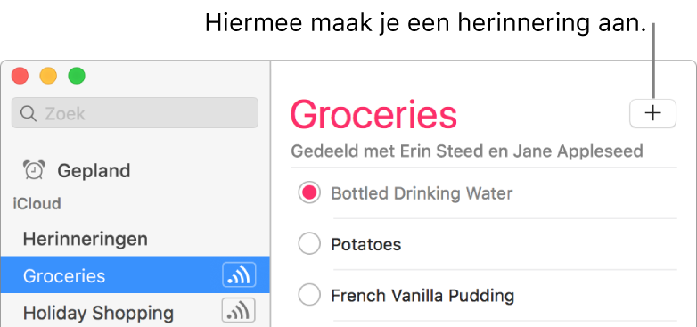 Klik op de knop met het plusteken rechtsboven in het venster 'Herinneringen' om een herinnering aan te maken.