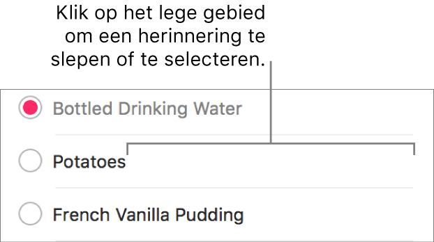 Klik op de lege ruimte rechts naast de naam van een herinnering om de herinnering te selecteren.