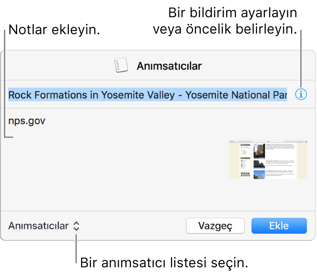Safari’den eklenmiş bir anımsatıcının ayrıntılar iletişim kutusu.