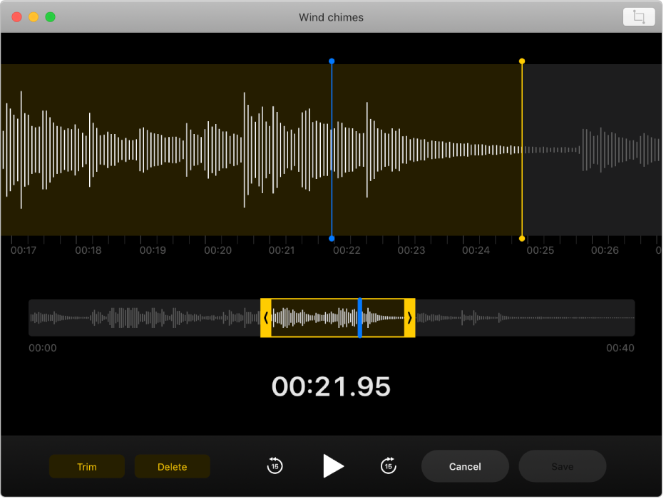 A voice memo being edited in the Voice Memos window.