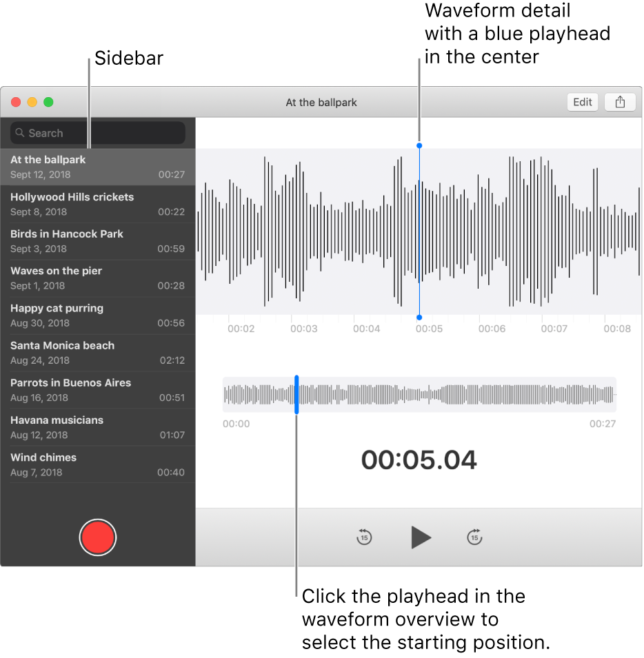 The Voice Memos app shows the sidebar on the left. The recording appears in the window to the right of the sidebar, as a waveform detail with a blue playhead in the center. Below it is the waveform overview. Click the playhead in the overview to select the starting position.