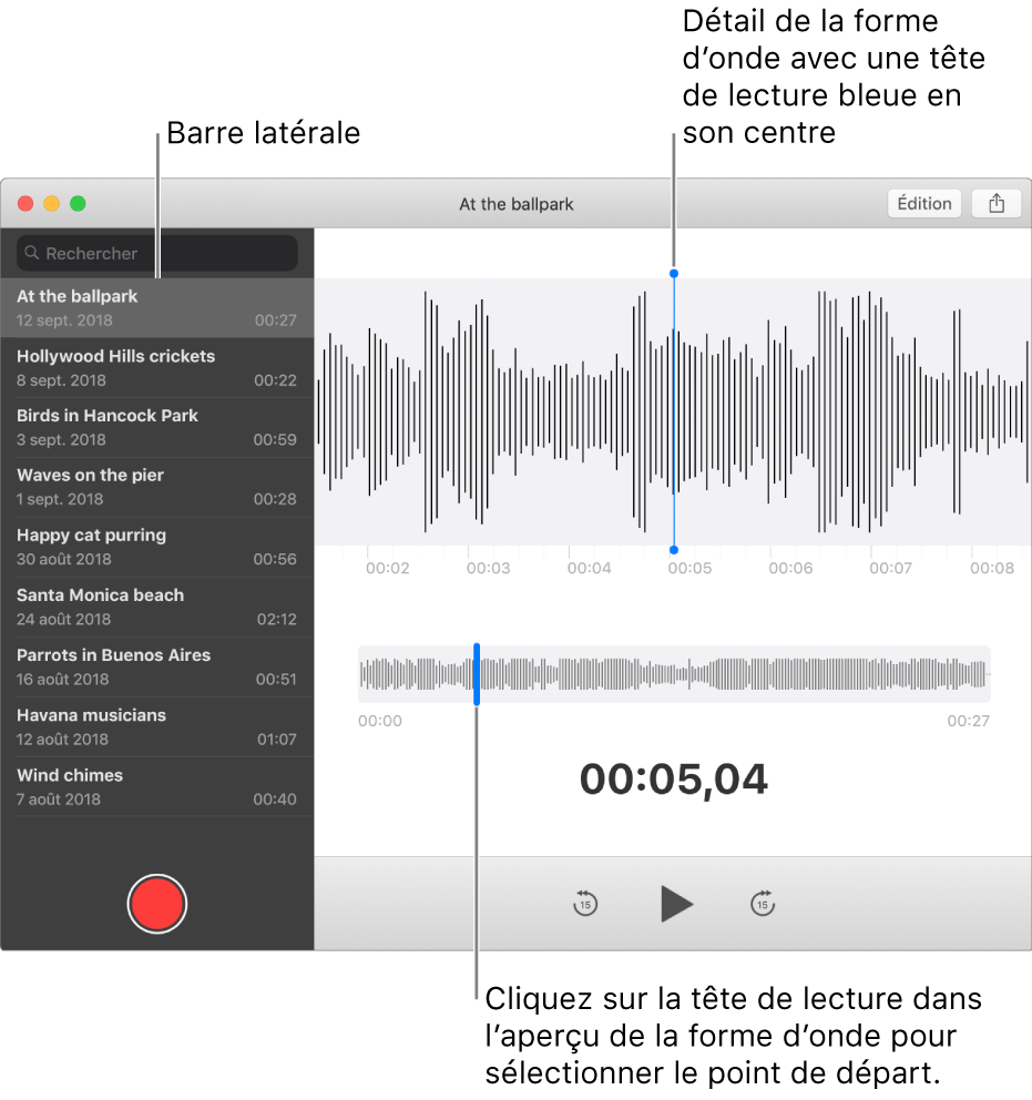L’app Dictaphone affiche la barre latérale sur la gauche. L’enregistrement apparaît dans la fenêtre à droite de la barre latérale, sous l’aspect d’une forme d’onde détaillée avec une tête de lecture bleue au centre. L’aperçu de la forme d’onde apparaît ci-dessous. Cliquez sur la tête de lecture dans l’aperçu pour sélectionner le point de démarrage.