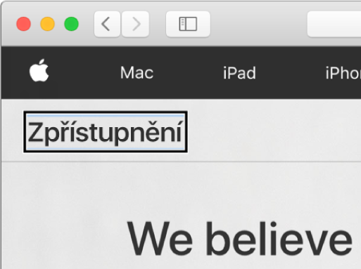 Kurzor VoiceOveru v podobě tmavého pravoúhlého orámování je zaměřen na slovo „Zpřístupnění“ na obrazovce.