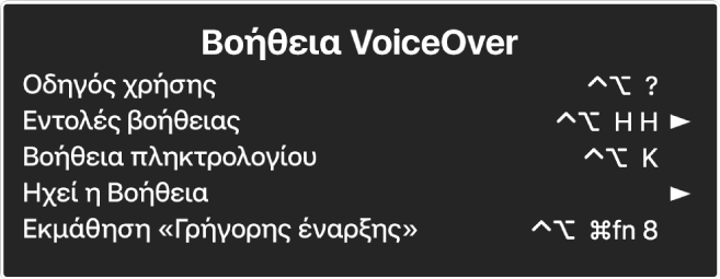 Το μενού «Βοήθεια VoiceOver» είναι ένα τμήμα που περιλαμβάνει, από πάνω προς τα κάτω: Ηλεκτρονική βοήθεια, Βοήθεια για Εντολές, Βοήθεια για Πληκτρολόγιο, Βοήθεια για Ήχους, Εκμάθηση γρήγορης έναρξης και Οδηγός πρώτων βημάτων. Στα δεξιά κάθε στοιχείου βρίσκεται η εντολή VoiceOver που εμφανίζει το στοιχείο ή ένα βέλος για πρόσβαση σε ένα υπομενού.