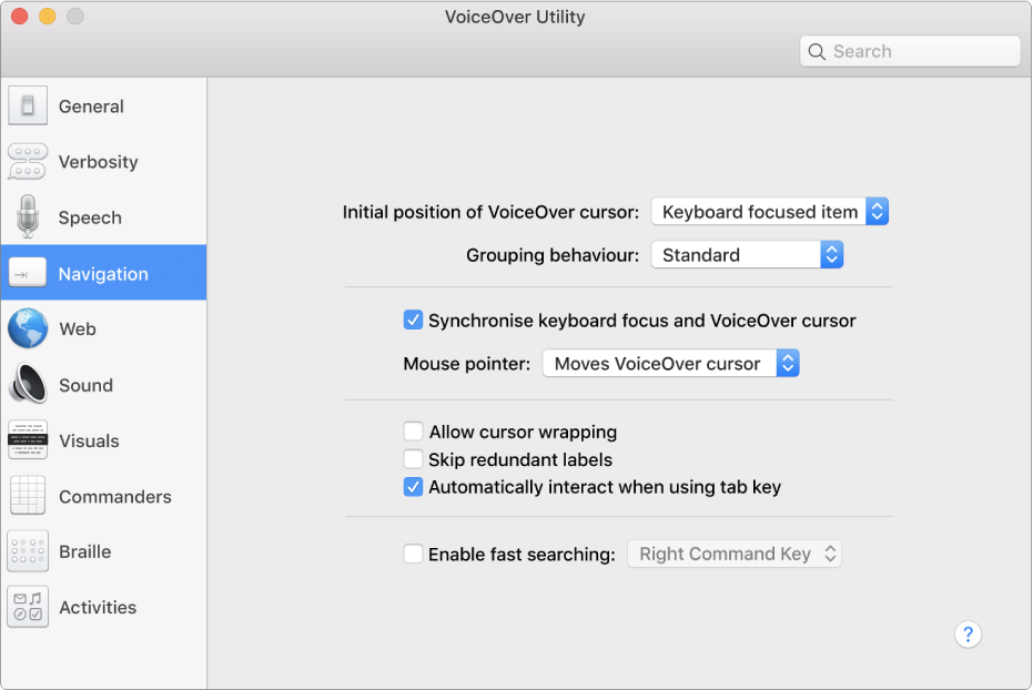 The VoiceOver Utility window showing the Navigation category selected in the sidebar on the left and its options on the right. In the bottom right corner of the window is a Help button to display VoiceOver online help about the options.