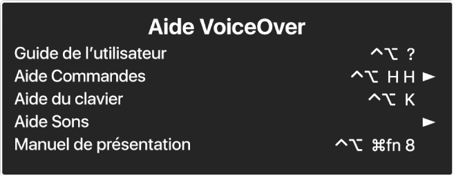 Le menu Aide de VoiceOver est une sous-fenêtre qui répertorie les éléments suivants, de haut en bas : Aide en ligne, Aide Commandes, Aide du clavier, Aide Sons, Manuel de présentation et Guide Premiers contacts. À droite de chaque élément se trouve la commande VoiceOver qui affiche l’élément ou une flèche pour accéder à un sous-menu.