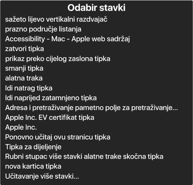 Izbornik stavki je prozor koji između ostalog navodi stavke poput praznog područja za listanje, tipke za zatvaranje, alatne trake i tipke za dijeljenje.